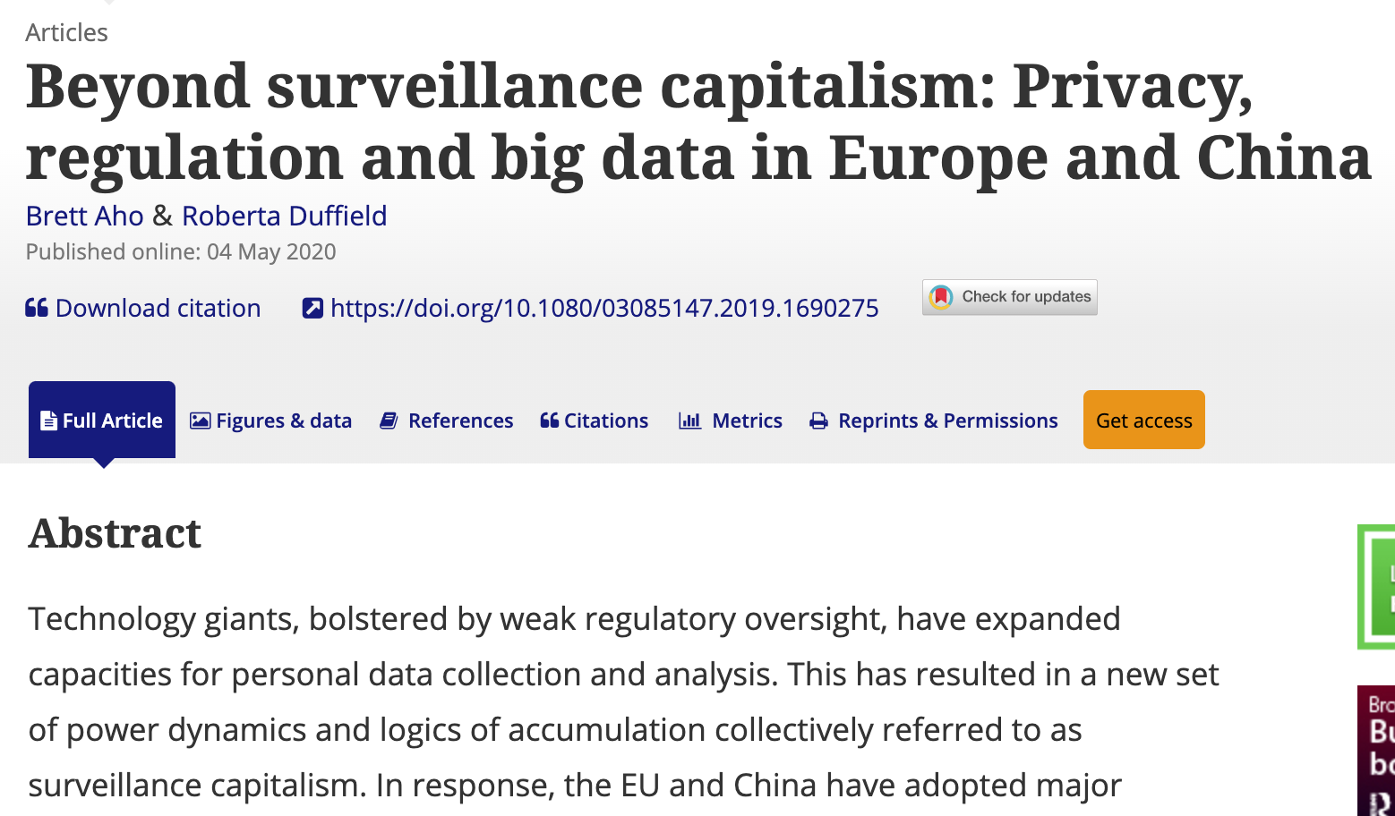 New Article: "Beyond surveillance capitalism: Privacy, regulation and big data in Europe and China" article image