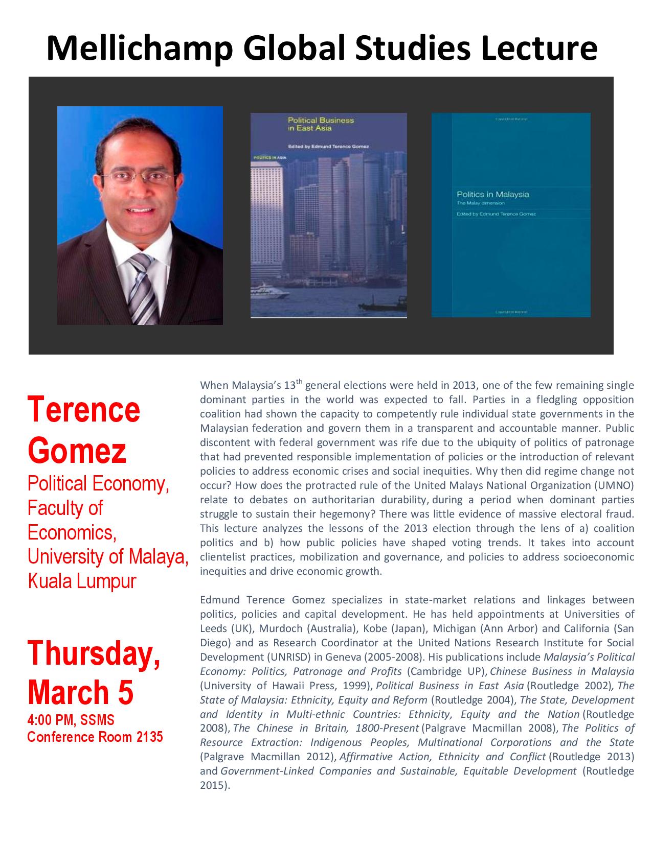 Lecture : Resisting the Fall: The Single Party Dominant State, Policies and Elections in Malaysia Event Image